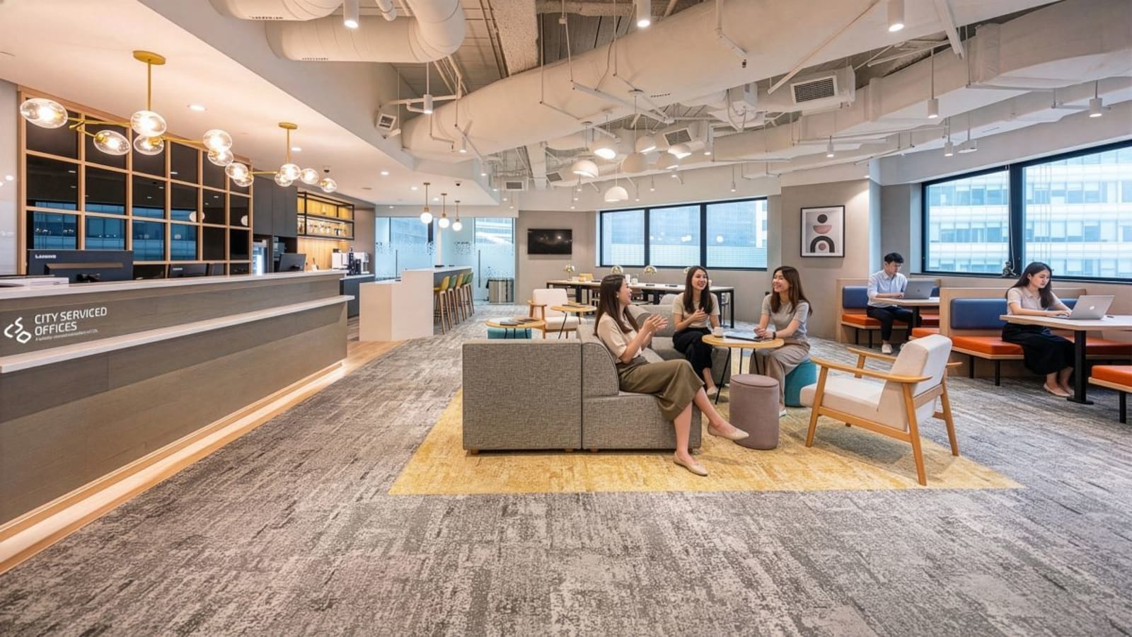 Modern coworking space with open layout, natural light, and stylish seating in Raffles Place.