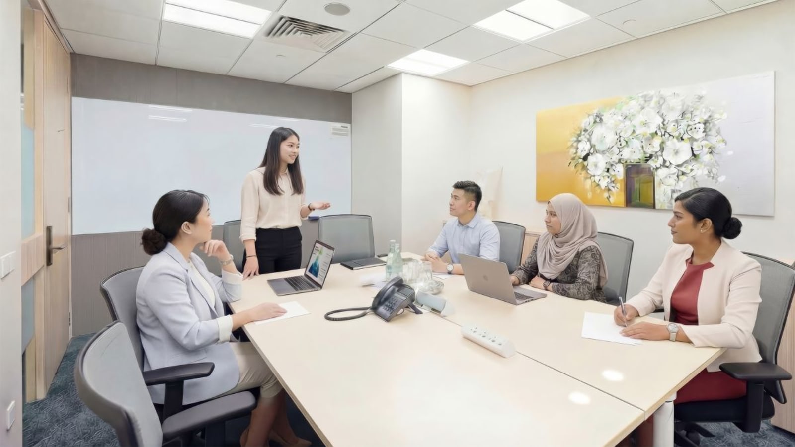 Modern coworking space in Raffles Place with a spacious meeting room and collaborative setup.