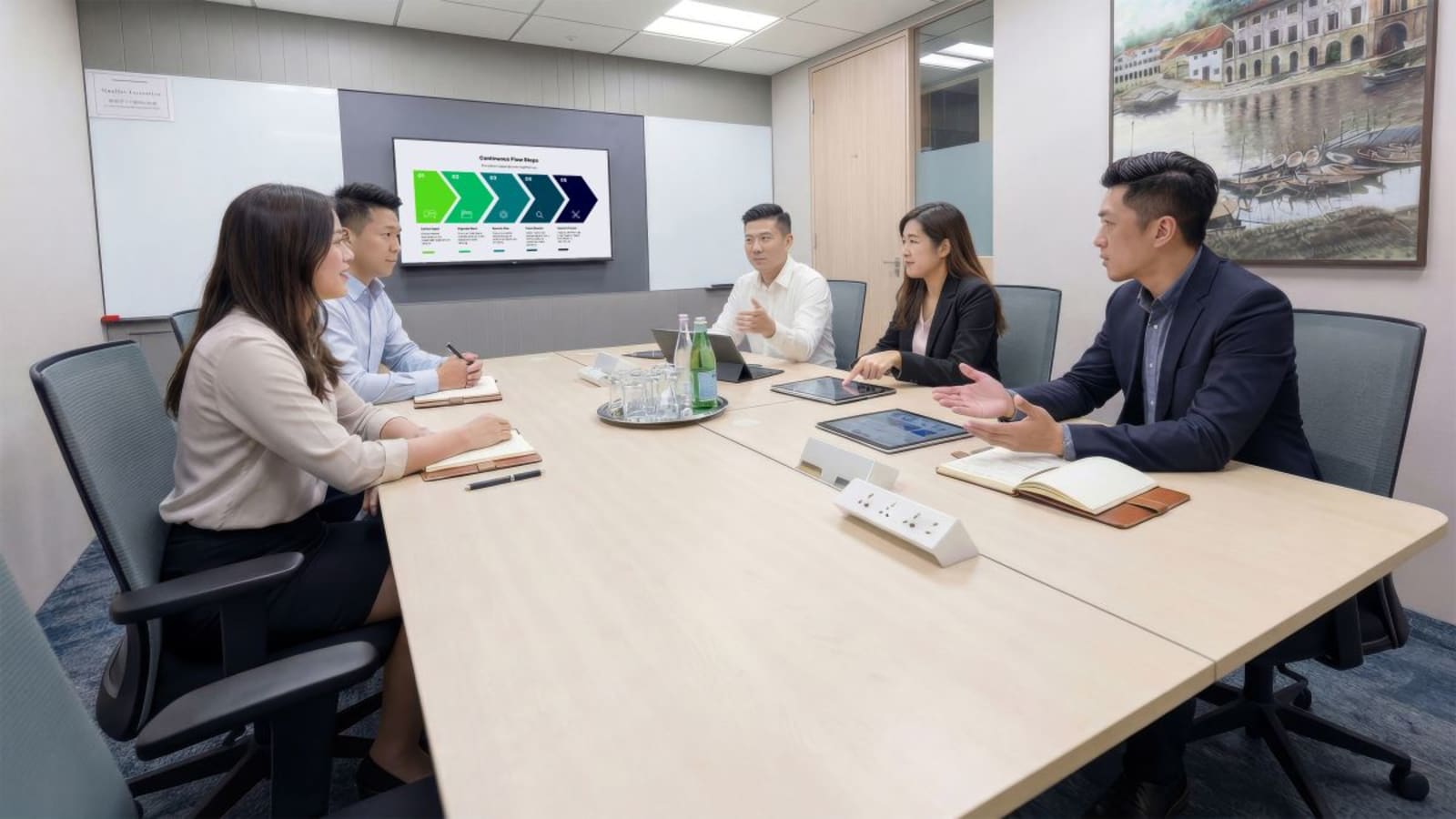 Modern conference room with sleek design, ergonomic chairs, and presentation technology. Ideal for meetings.