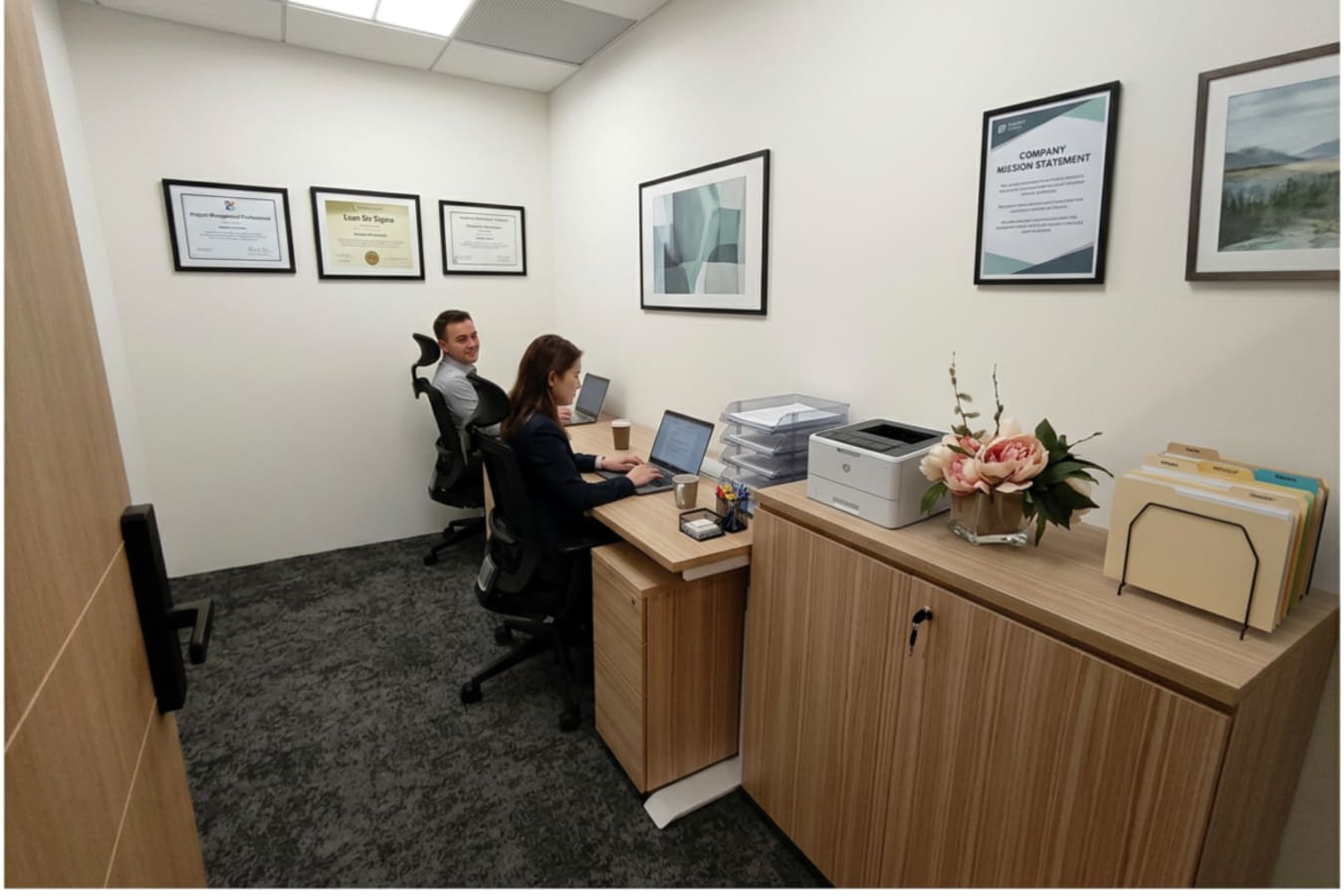 Modern coworking office with workstations, ample storage, and professional decor in Raffles Place.