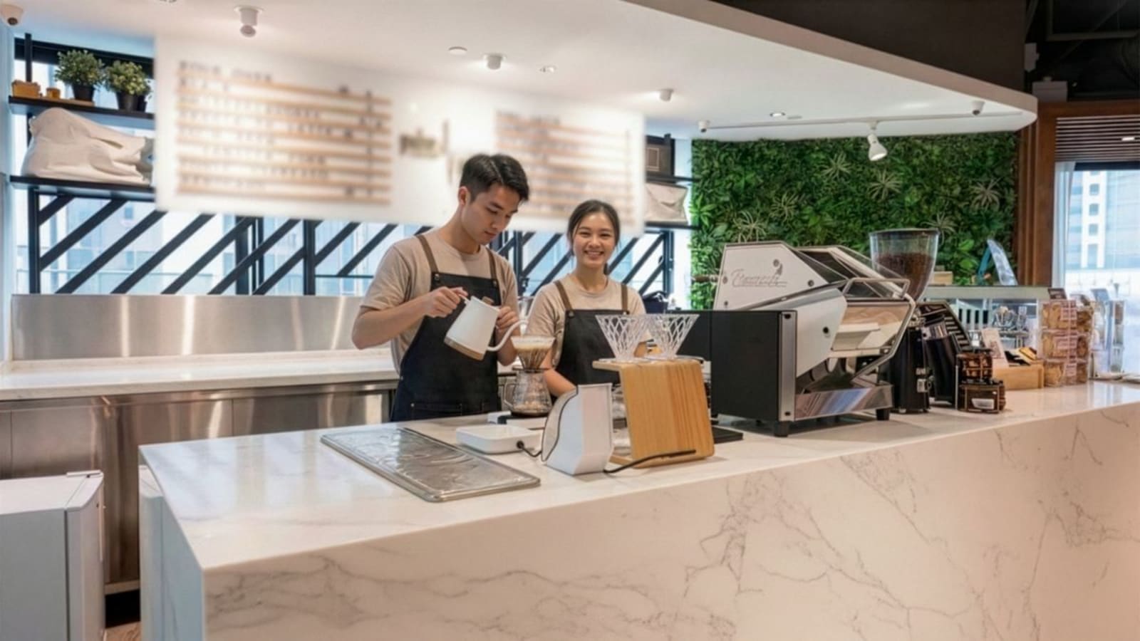 Modern café zone in coworking space with lush greenery and state-of-the-art coffee equipment.
