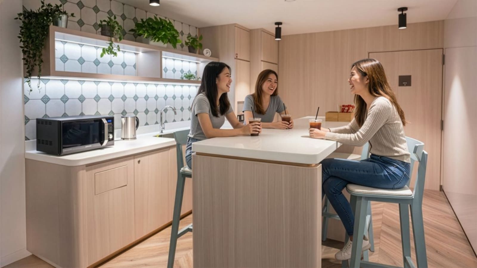 Modern kitchenette area for networking and relaxation in prime Raffles Place coworking space.