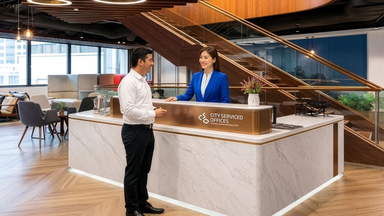 Modern coworking space with welcoming reception, stylish seating, and natural light at Raffles Place.
