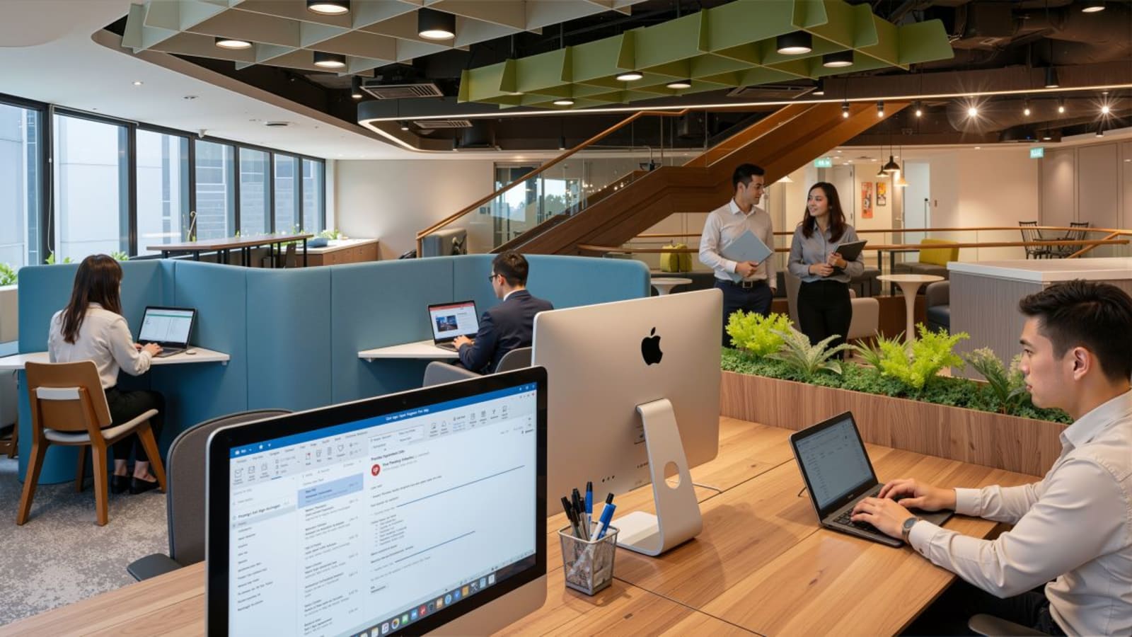 Modern coworking space with open layout and abundant natural light at Raffles Place.