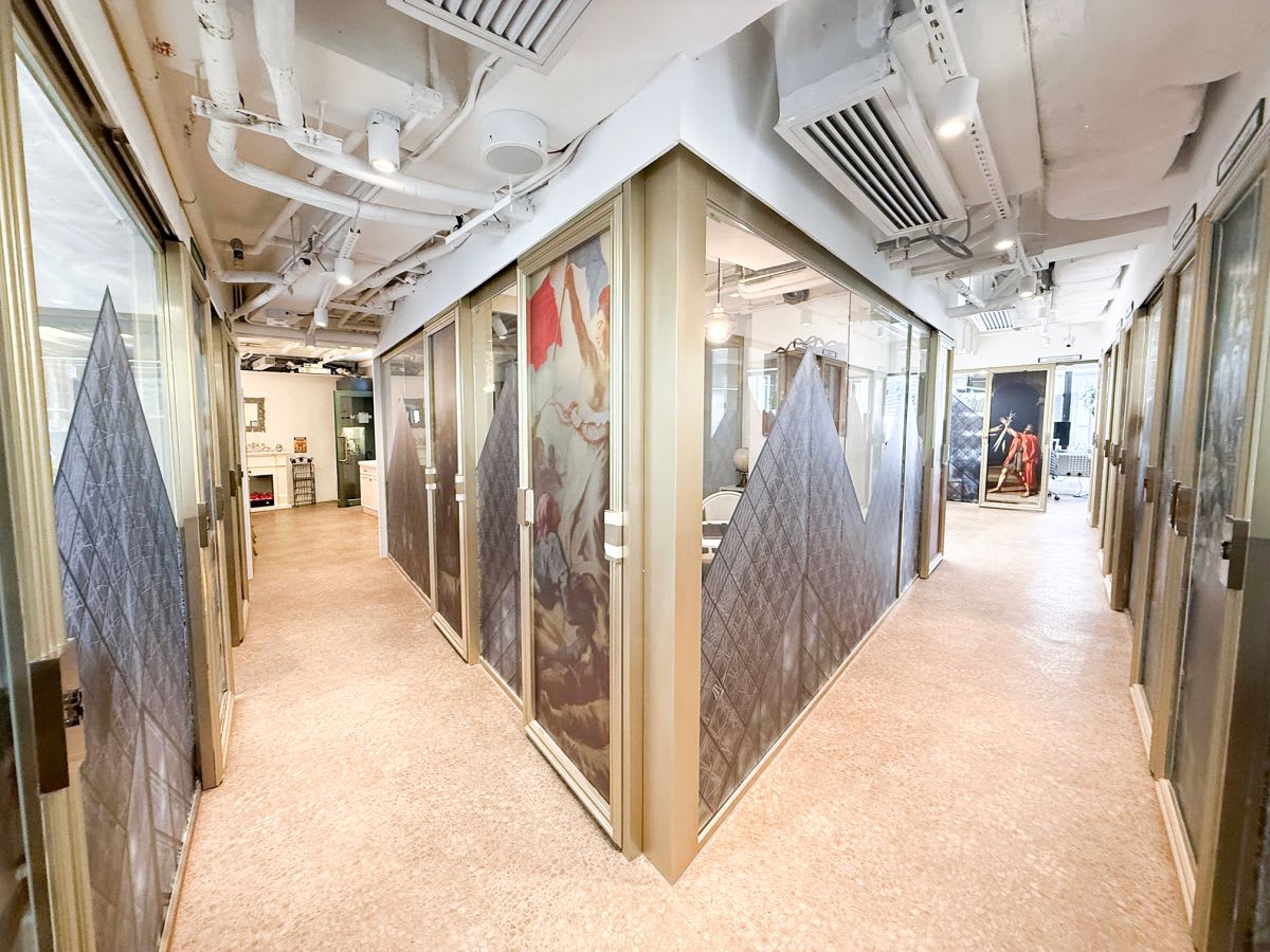 Modern coworking space with private glass offices, artistic decor, and bright natural lighting.