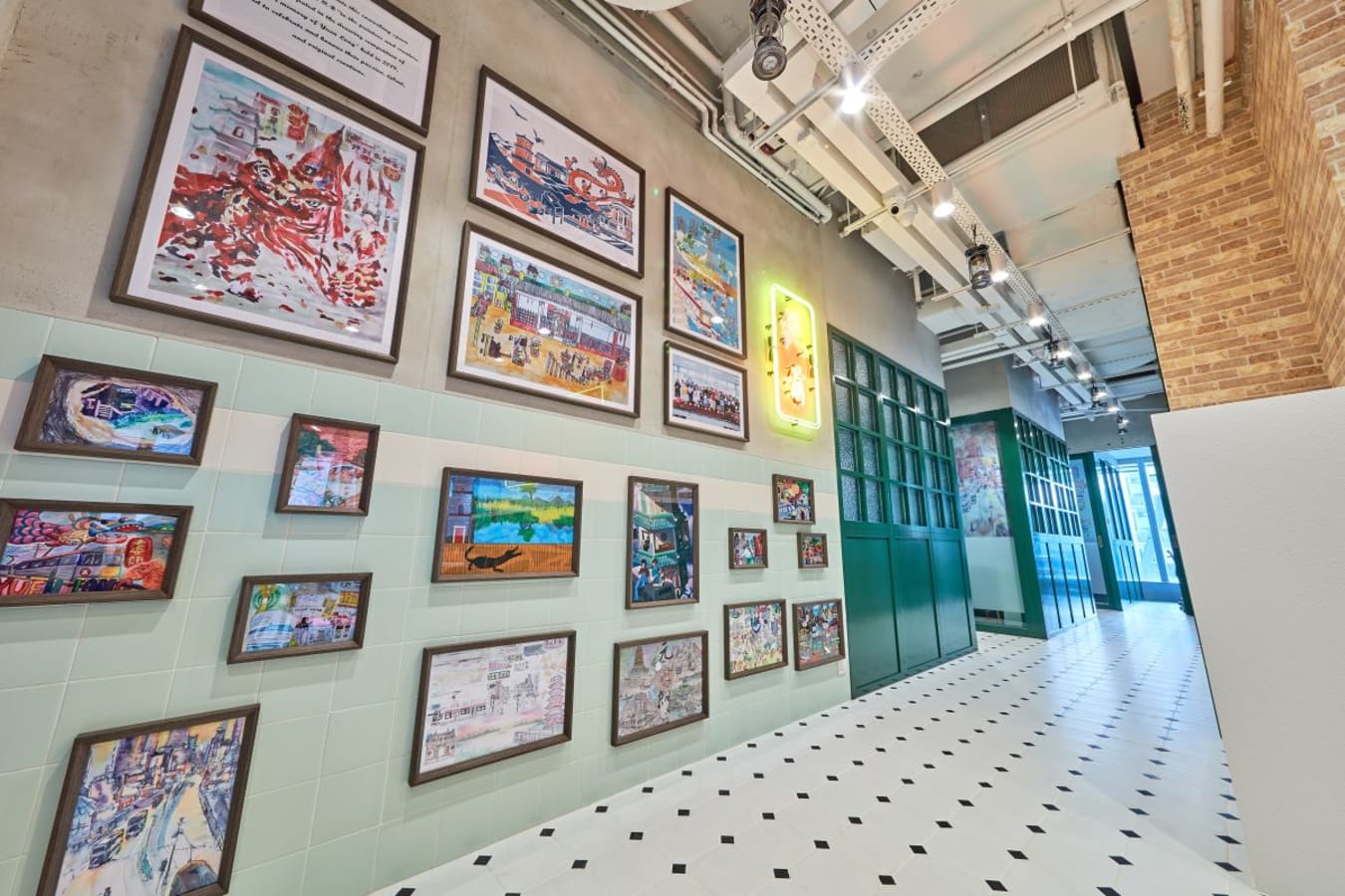 Vibrant hall with eclectic art display, modern lighting, and stylish tiled floor. Ideal for creativity.