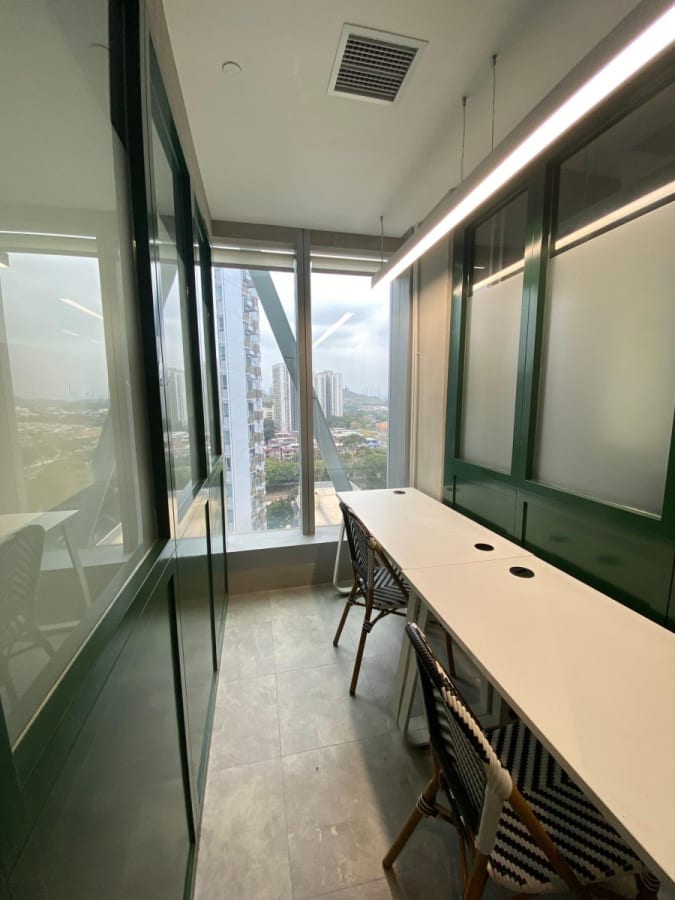 Bright, private workspace with a scenic view, featuring sleek desks and comfortable seating.