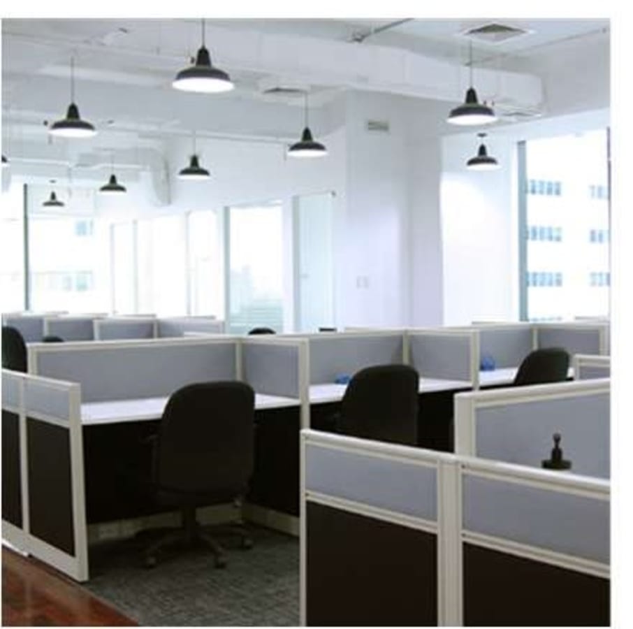 Modern coworking space with ample natural light, ergonomic chairs, and sleek workstations.