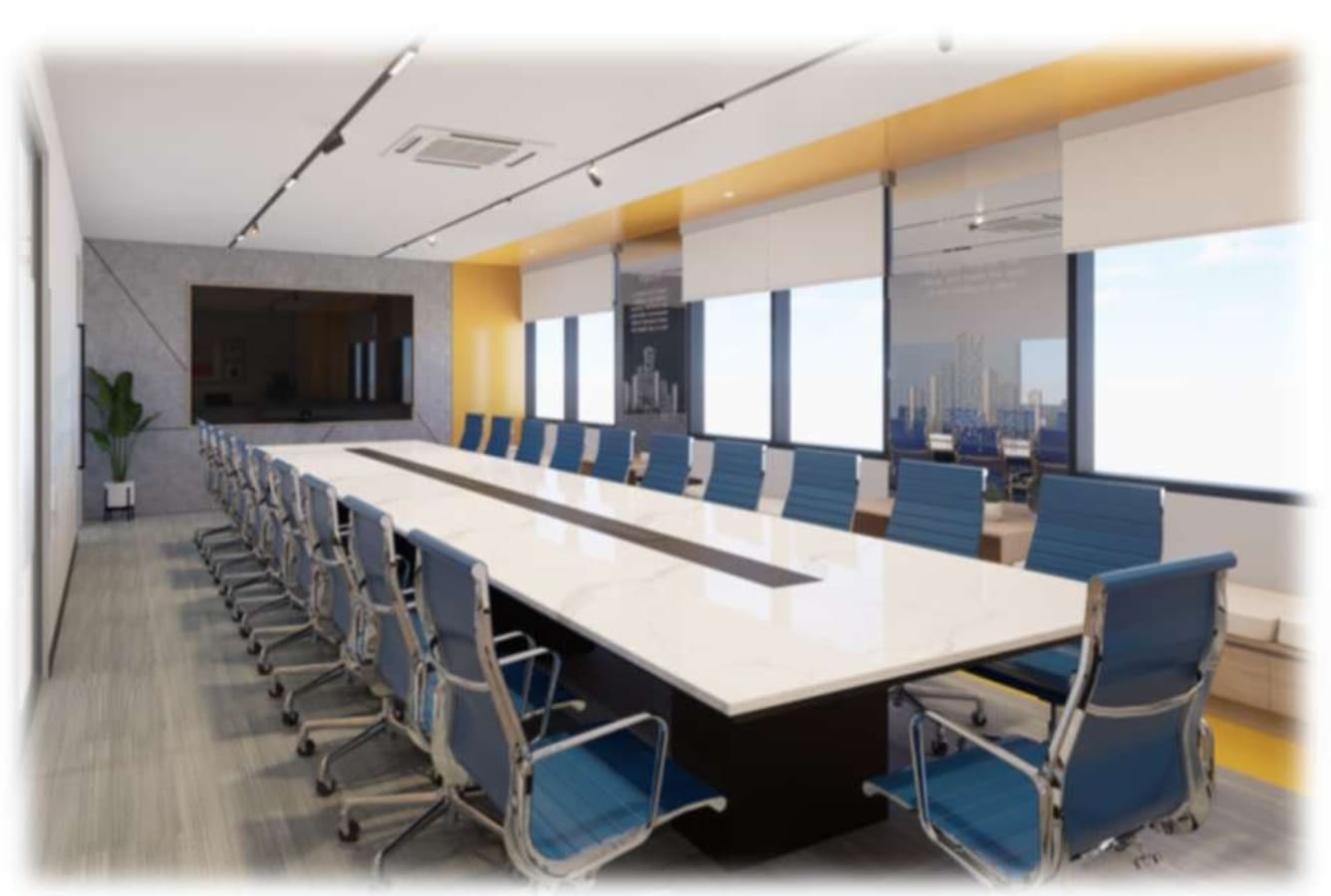 Sleek boardroom with modern seating, ample natural light, and a city view. Perfect for meetings.