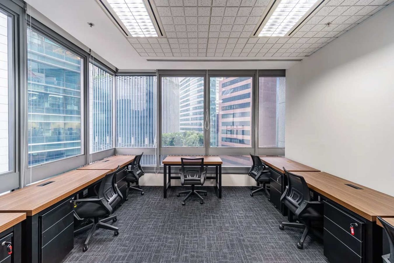 Bright coworking space with modern desks, ergonomic chairs, and floor-to-ceiling windows.
