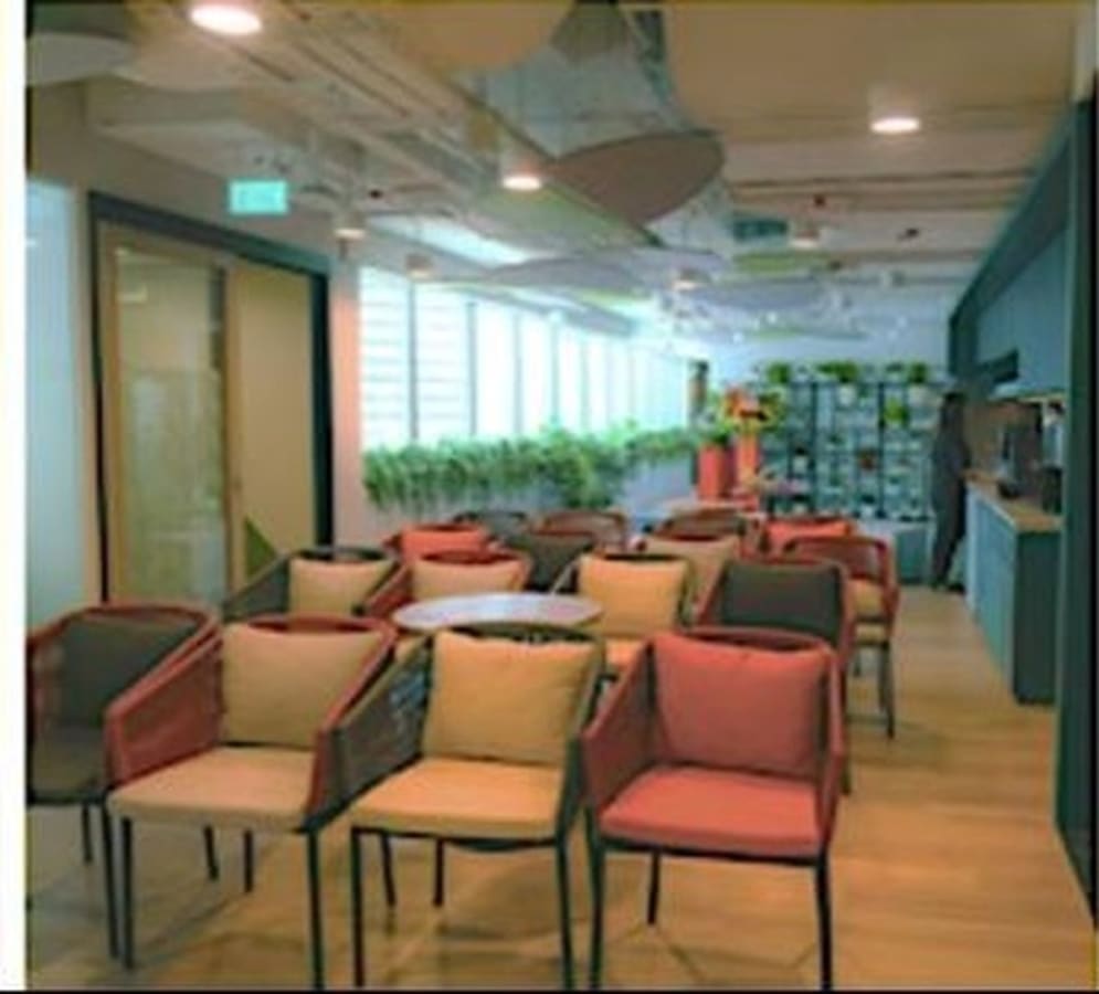 Bright coworking space with comfortable seating and greenery, ideal for collaboration.