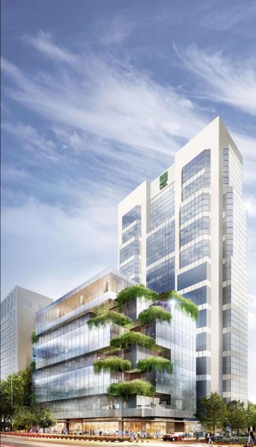 Modern coworking space on North Bridge Rd, featuring eco-friendly design and urban views.