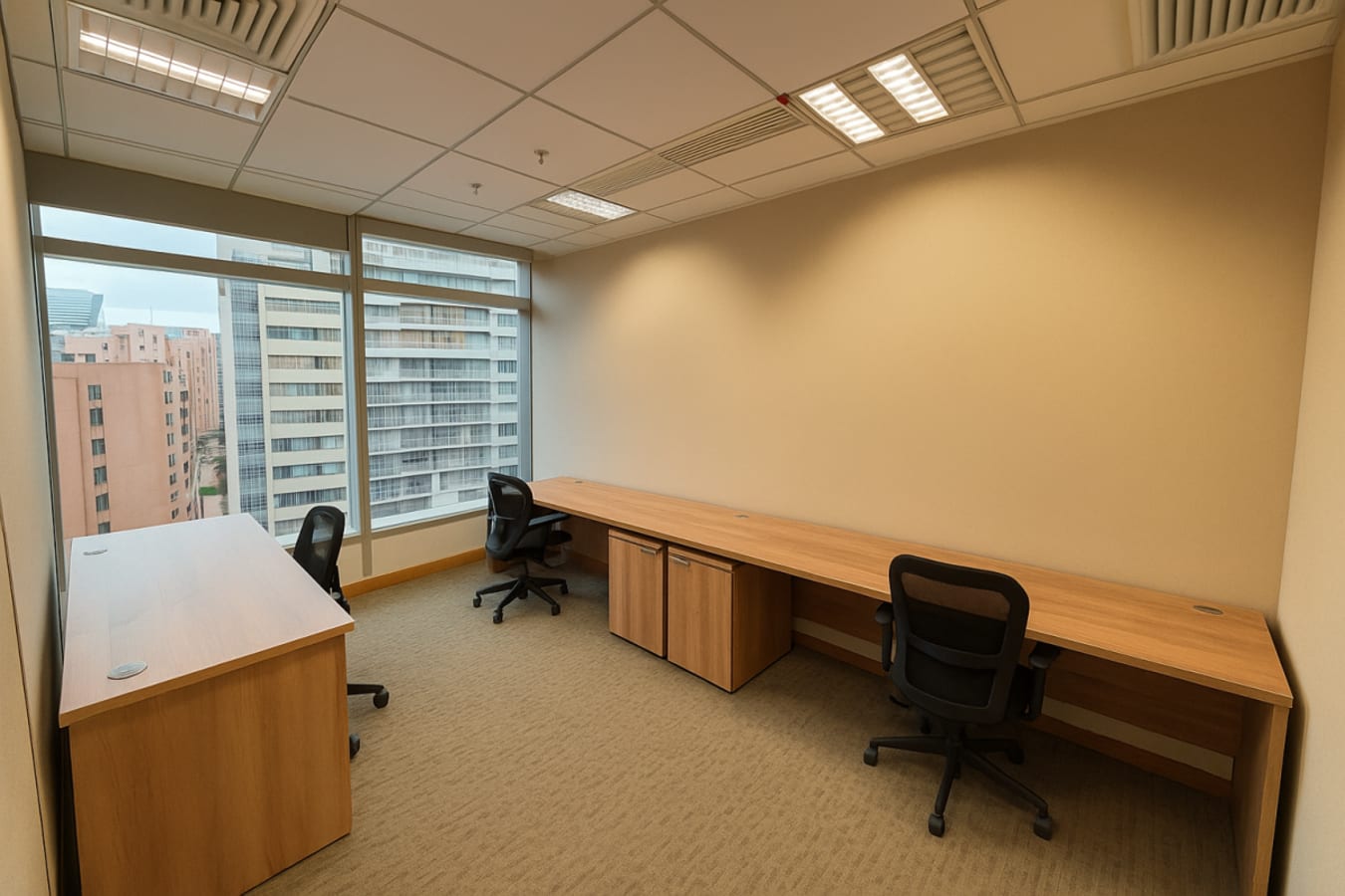 Bright, private workspace with large window views, ergonomic chairs, and modern desks. Ideal for productivity.