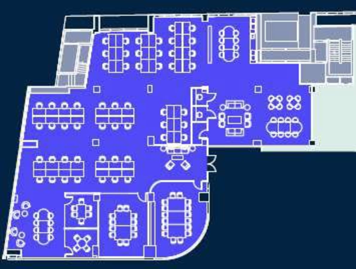 Dynamic coworking layout on Victoria Street, featuring collaborative workspaces and meeting areas.