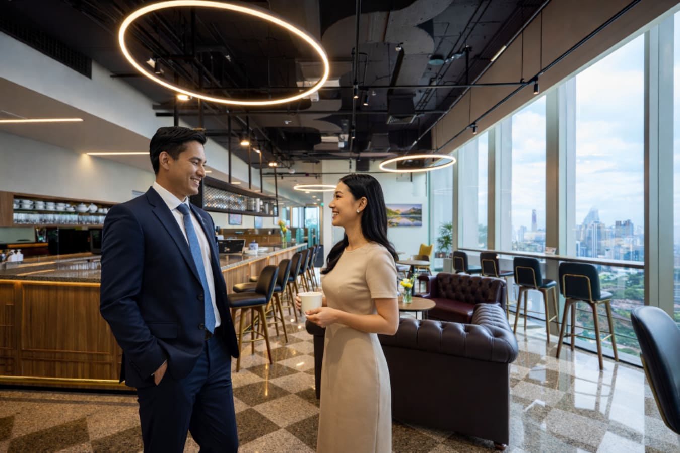 Modern coworking space with open lounge, bar seating, and skyline views in Bang Rak. Perfect for networking.