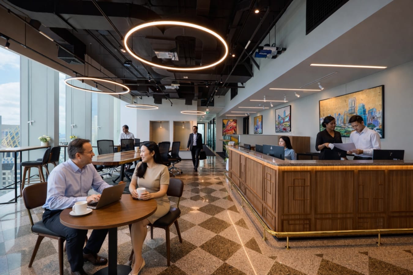 Modern coworking space with stylish lighting, art decor, and a welcoming communal area.