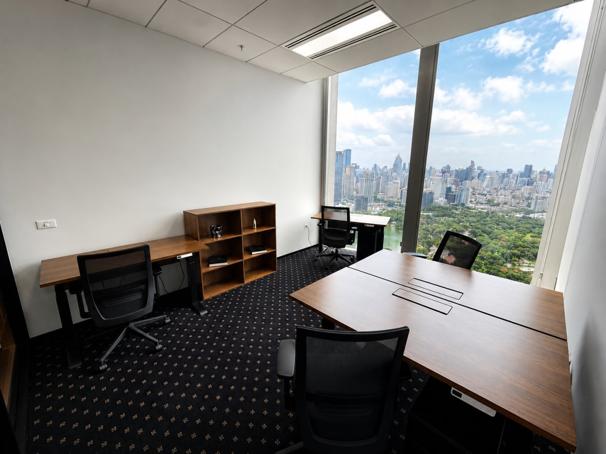 Bright coworking space in Bang Rak with stunning city views and modern furnishings.