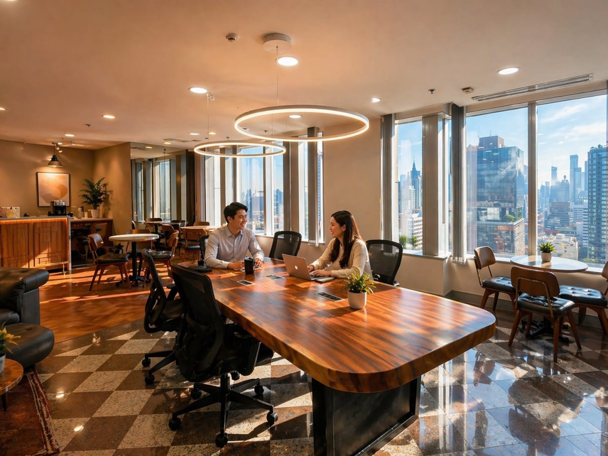 Modern coworking space with panoramic city views, natural light, and stylish furnishings.