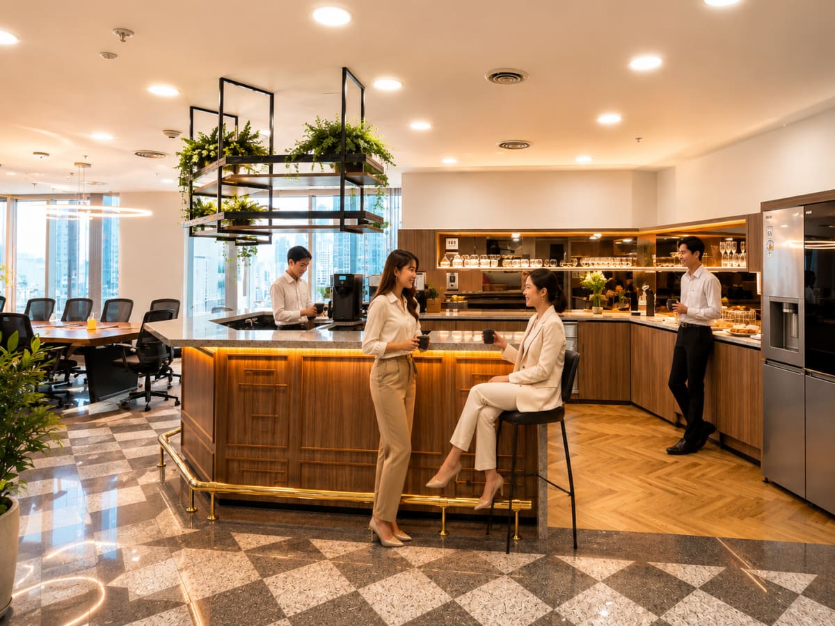 Modern coworking space with a stylish kitchen, ample seating, and vibrant atmosphere.