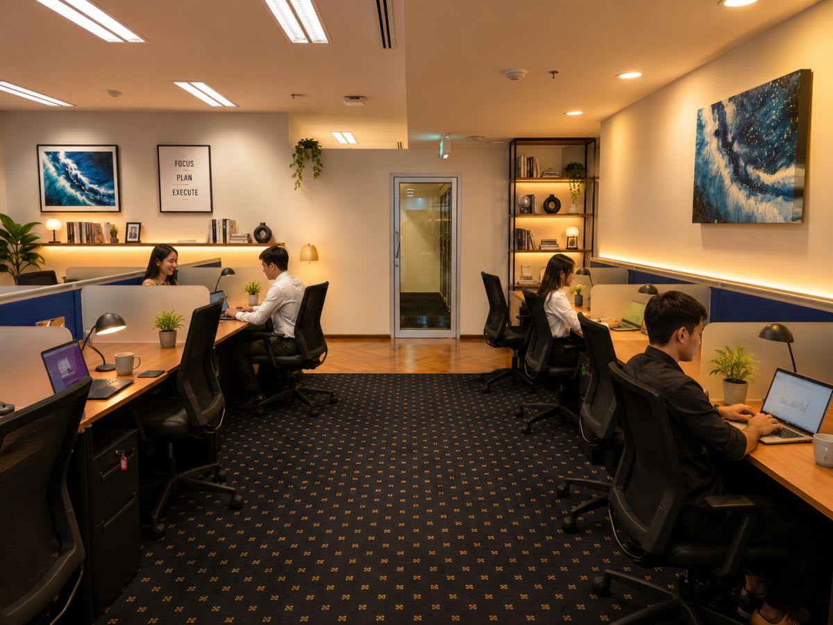 Modern coworking space with cozy lighting, ergonomic chairs, and a collaborative atmosphere.
