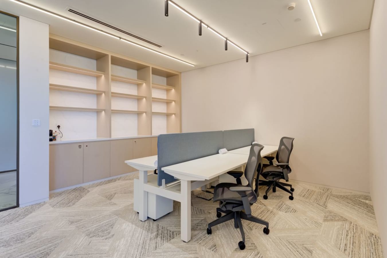 Modern coworking space with sleek desks, ergonomic chairs, and ample shelving.