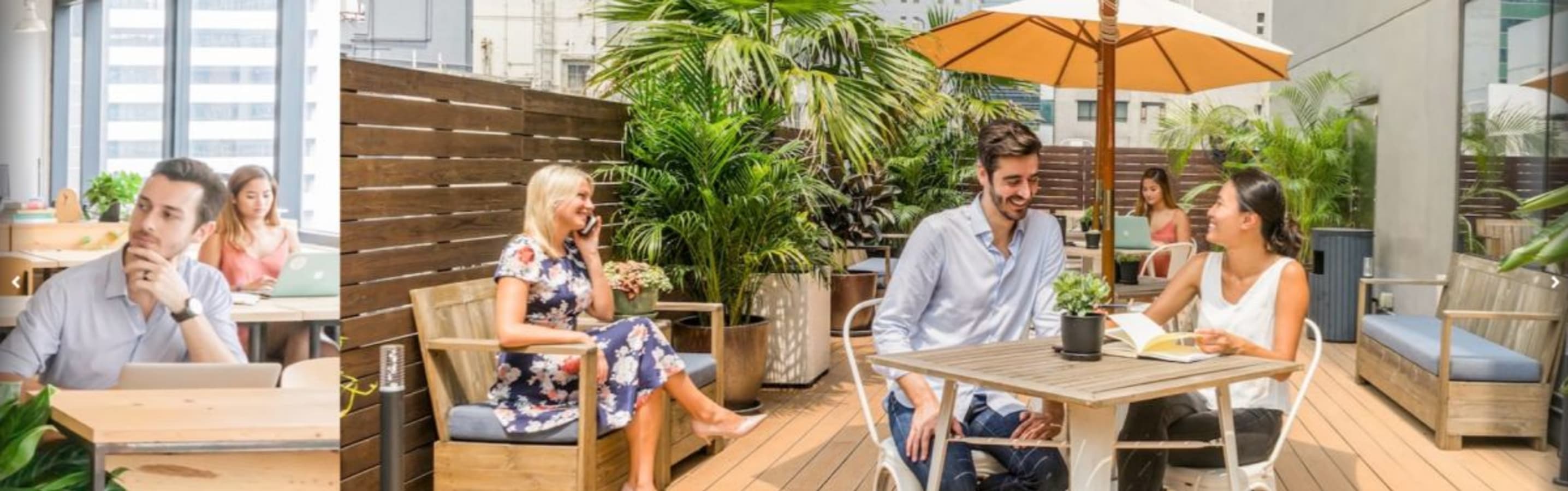 Bright, open-air coworking space with lush greenery and comfortable seating on Luard Road.