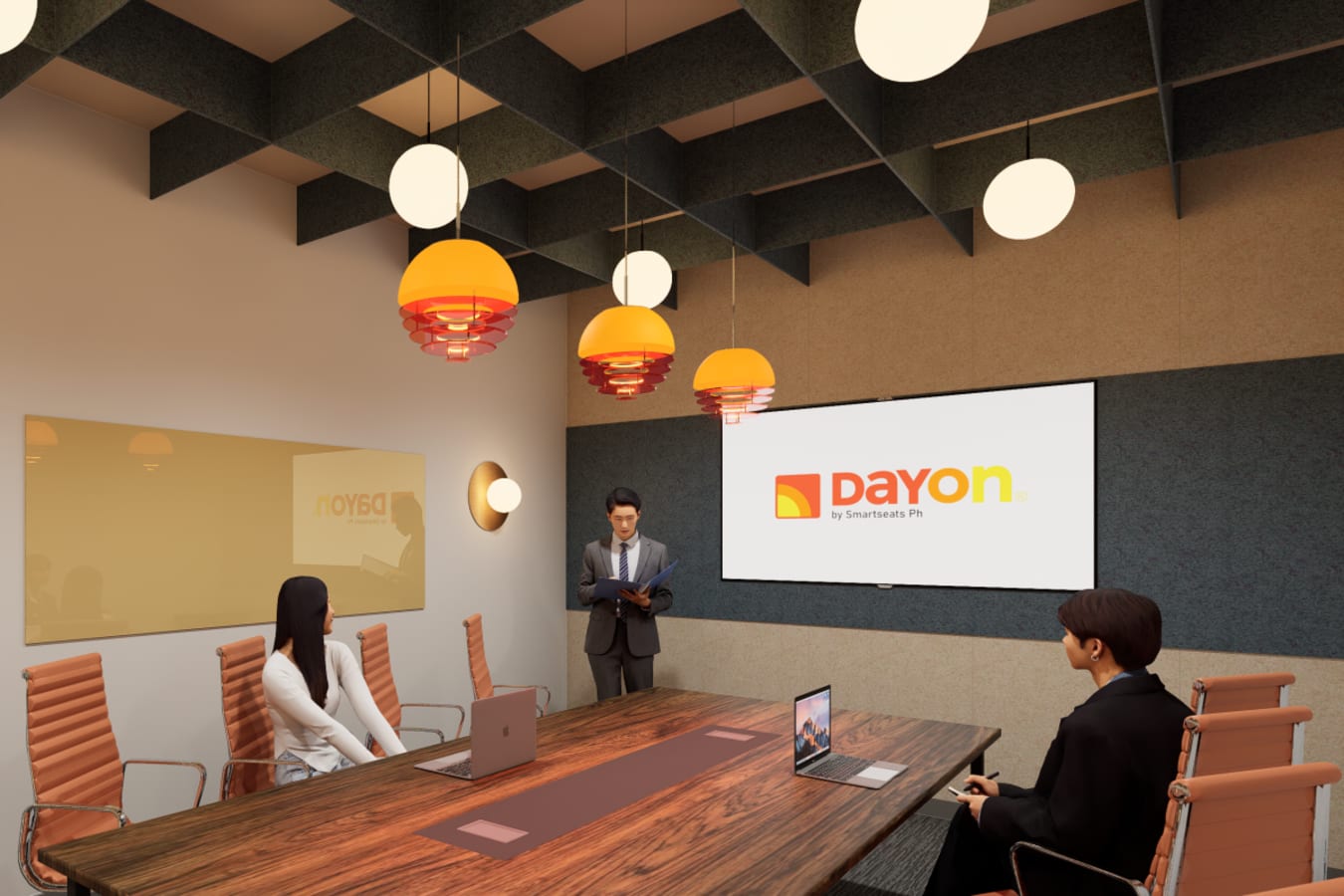 Modern meeting room with sleek chairs, ambient lighting, and presentation screen.