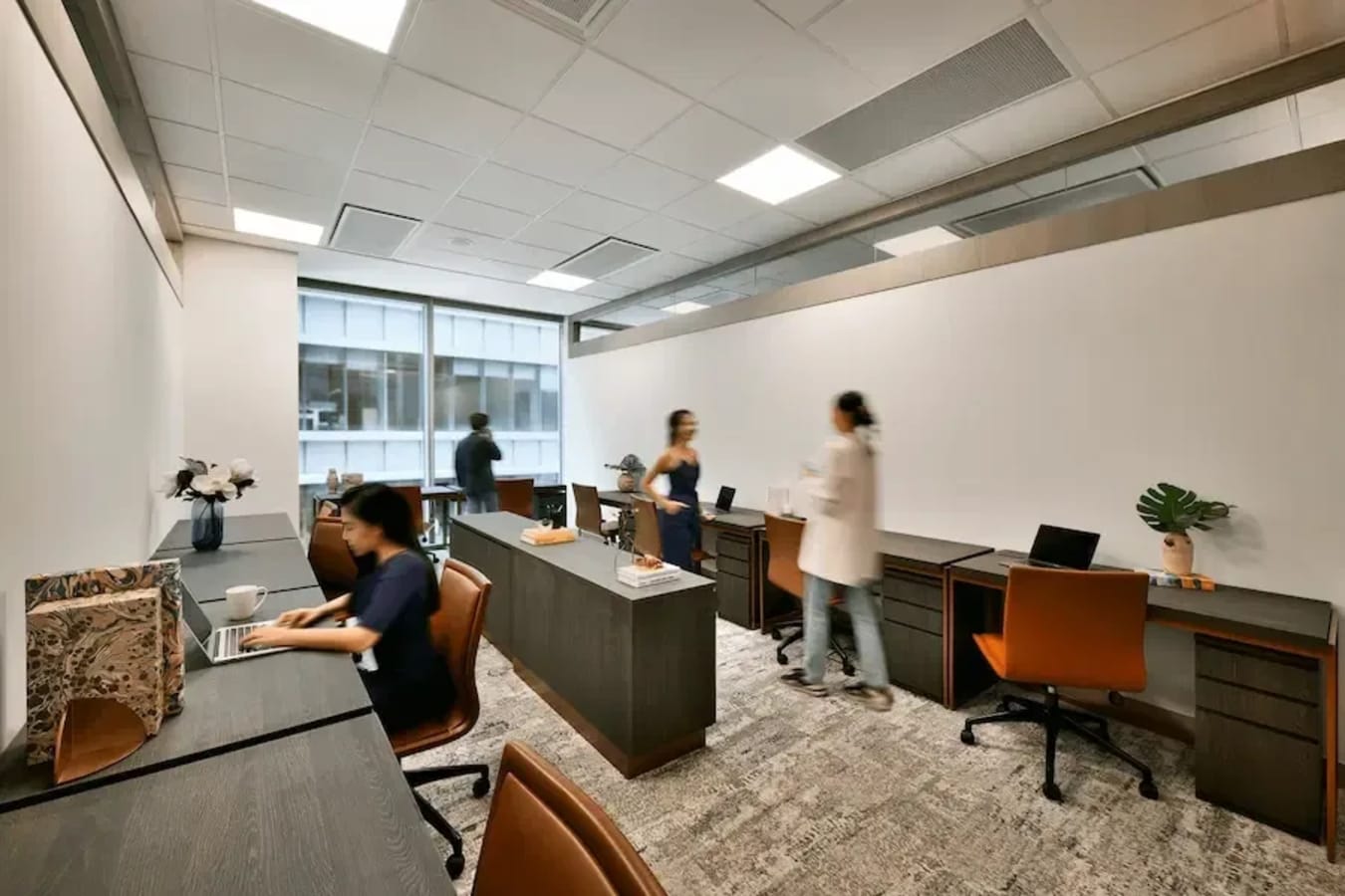 Modern coworking space with natural light, ergonomic chairs, and collaborative workstations.