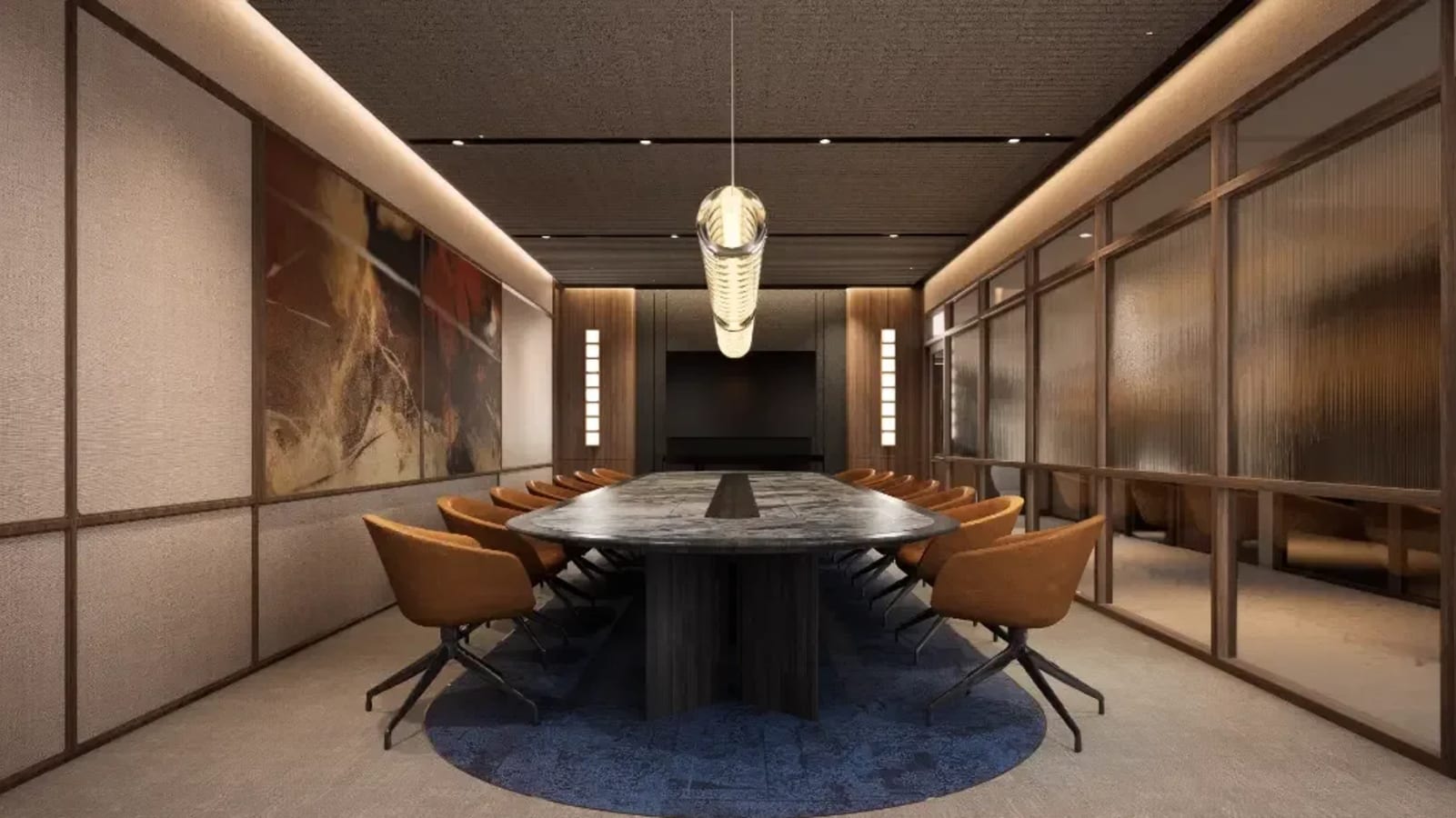 Elegant conference room with sleek table, comfortable chairs, and stylish lighting. Perfect for meetings.