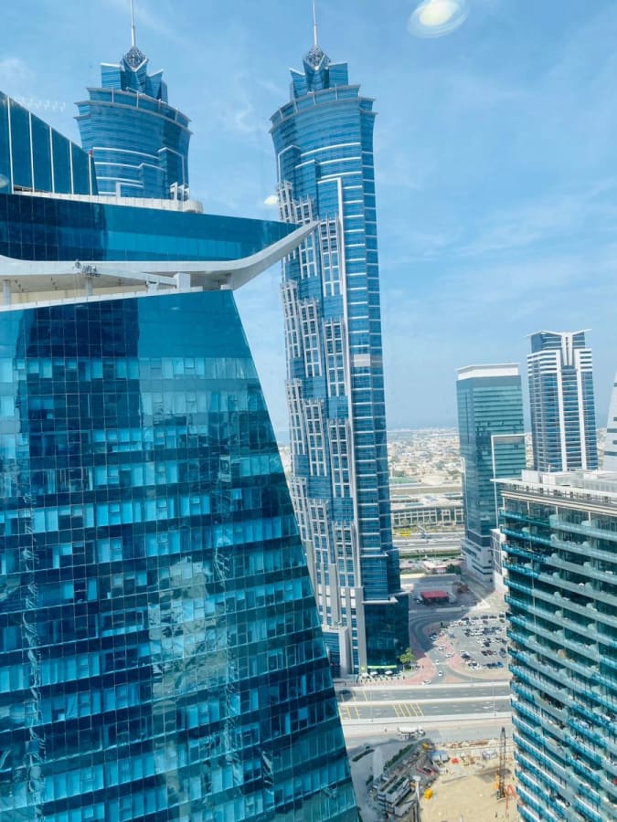Panoramic city views in Dubai's flexible Marasi Drive coworking space. Perfect for inspiration and networking.