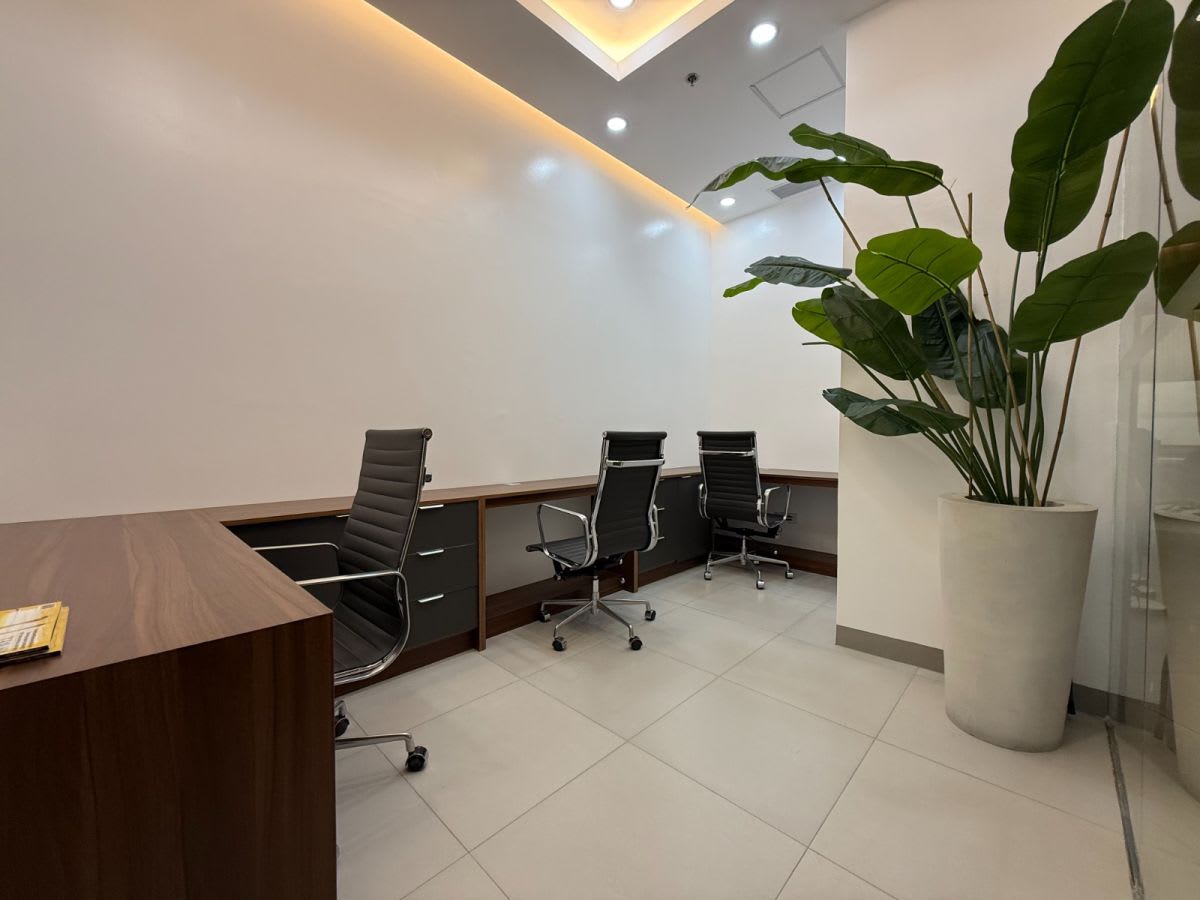 Sleek coworking space with modern chairs, ample desks, and lush greenery. Ideal for productivity.