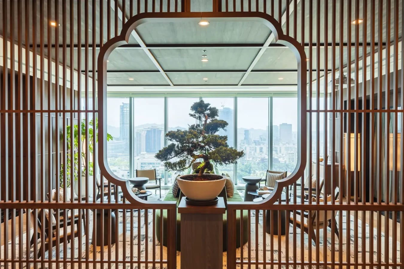 Elegant coworking space with panoramic views and serene, stylish decor on Zhongxiao East Road.