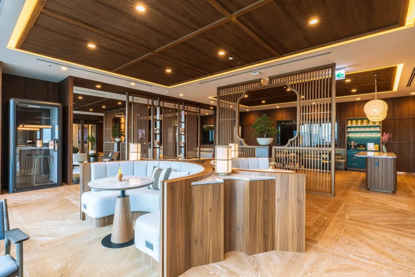 Elegant coworking space in Xinyi District with modern decor and flexible seating options.
