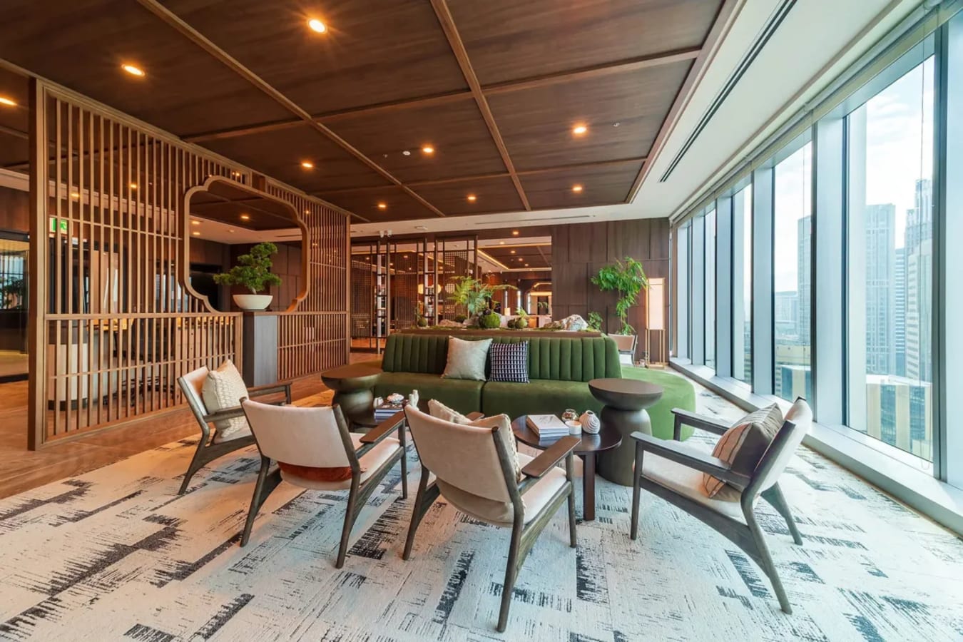 Modern coworking space with stylish seating and city views in Xinyi District.