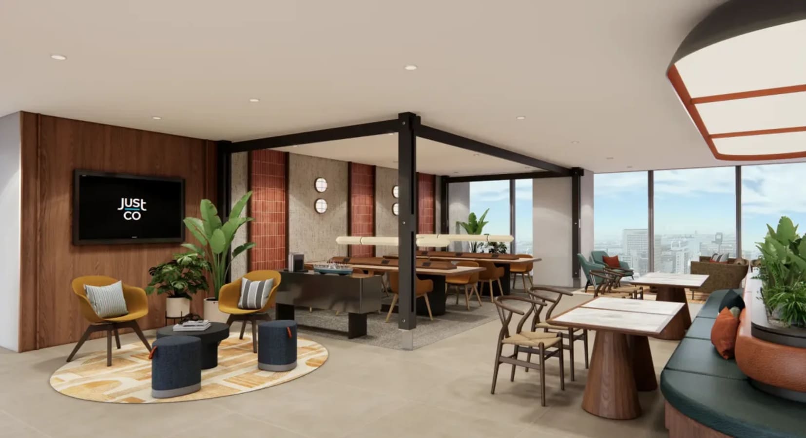 Stylish coworking space with modern furnishings, open layout, and city views in Naka Ward.