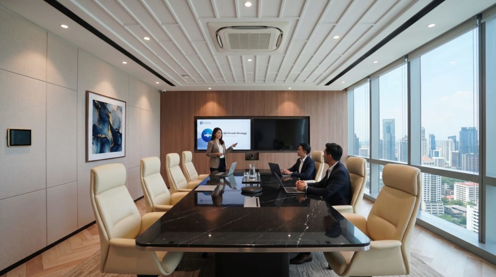 Elegant conference room with city views, modern seating, and advanced presentation technology. Perfect for professional meetings.