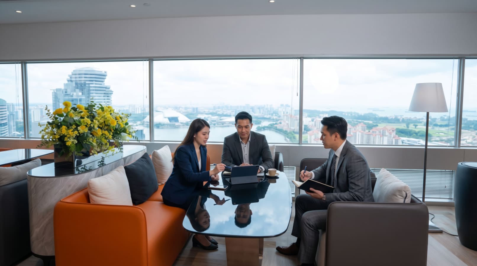 Bright coworking space with skyline views, modern seating, and collaborative atmosphere.