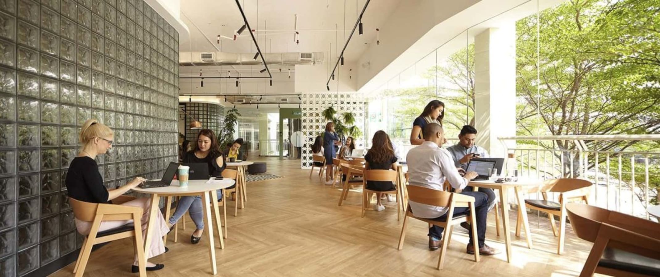 Bright coworking space with natural light, modern furniture, and vibrant networking atmosphere.