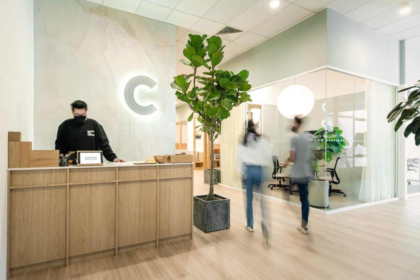Welcoming coworking space with modern reception and stylish glass-walled meeting rooms.
