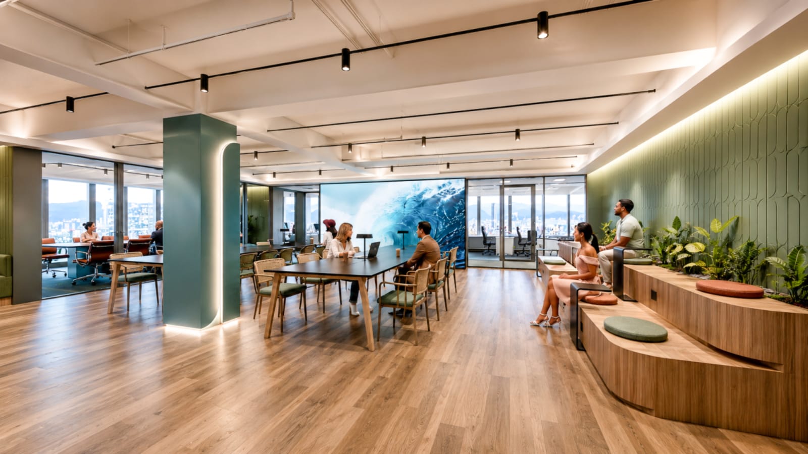 Spacious coworking area with modern decor and abundant natural light in Hong Kong Island.