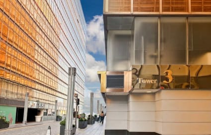 Modern coworking space on Canton Road with sleek exterior and prime location.