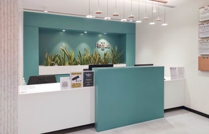 Modern coworking reception area with sleek design and vibrant greenery, ideal for productivity.