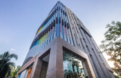 Modern coworking space on Camac Street, featuring an innovative facade and prime location.