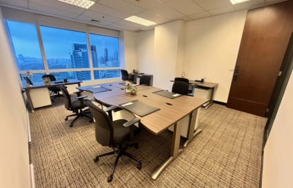 Bright coworking space with city views, ergonomic chairs, and modern desks. Ideal for teams.