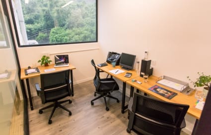 Bright coworking space with natural light and lush views in Wong Chuk Hang.