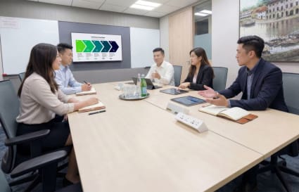 Modern conference room with sleek design, ergonomic chairs, and presentation technology. Ideal for meetings.
