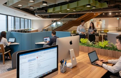 Modern coworking space with open layout and abundant natural light at Raffles Place.