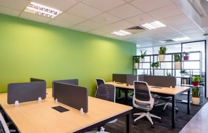 Modern coworking space with natural light, greenery, and ergonomic seating.