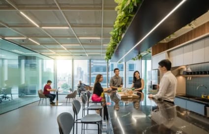 Vibrant coworking space with modern kitchen, natural light, and city views. Ideal for collaboration.