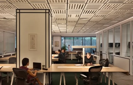 Modern coworking space with open layout, ample natural light, and ergonomic seating.